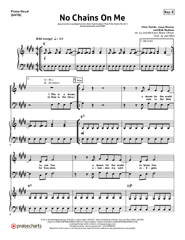 No Chains On Me Piano/Vocal (SATB) (Chris Tomlin)