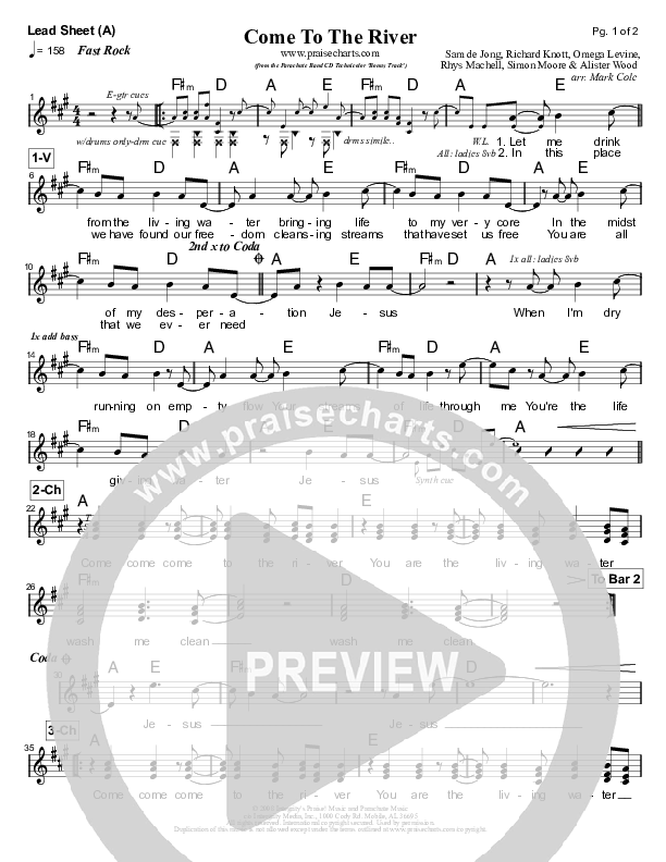 Come To The River Lead Sheet (Parachute Band)