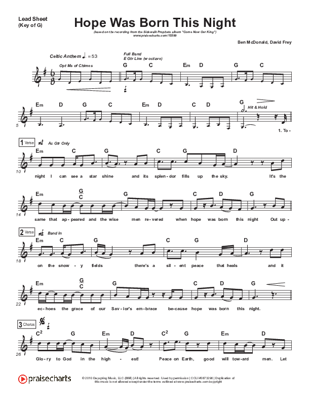 Hope Was Born This Night Lead Sheet (Melody) (Sidewalk Prophets)