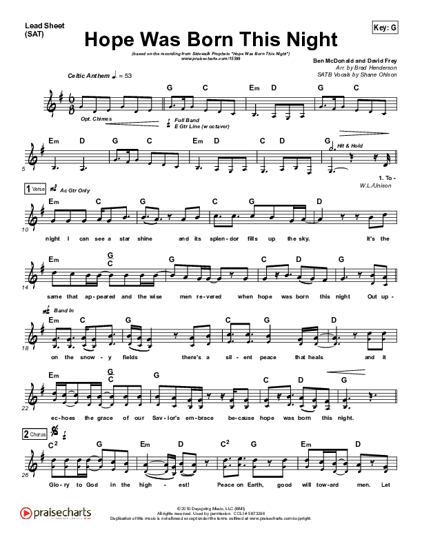 Hope Was Born This Night Lead Sheet (SAT) (Sidewalk Prophets)