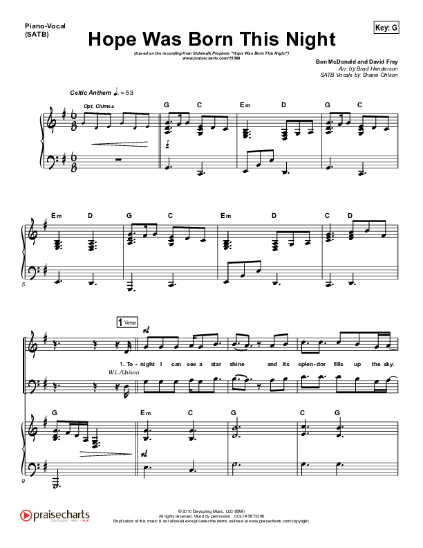 Hope Was Born This Night Piano/Vocal (SATB) (Sidewalk Prophets)