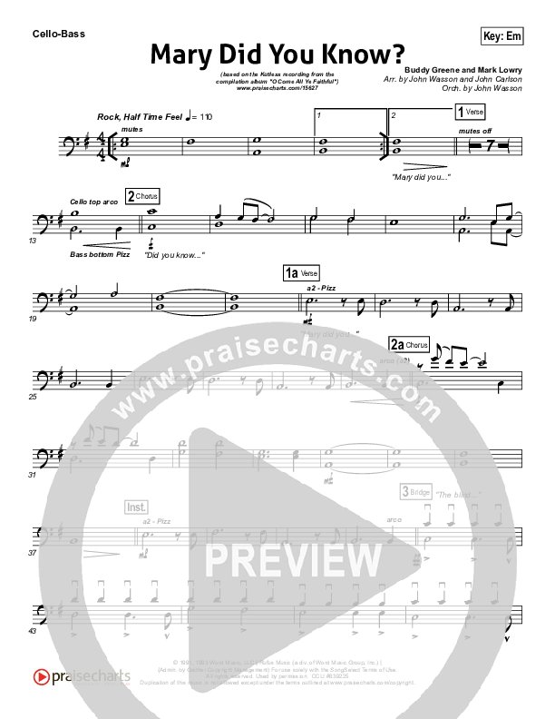 Mary Did You Know Cello/Bass (Kutless)