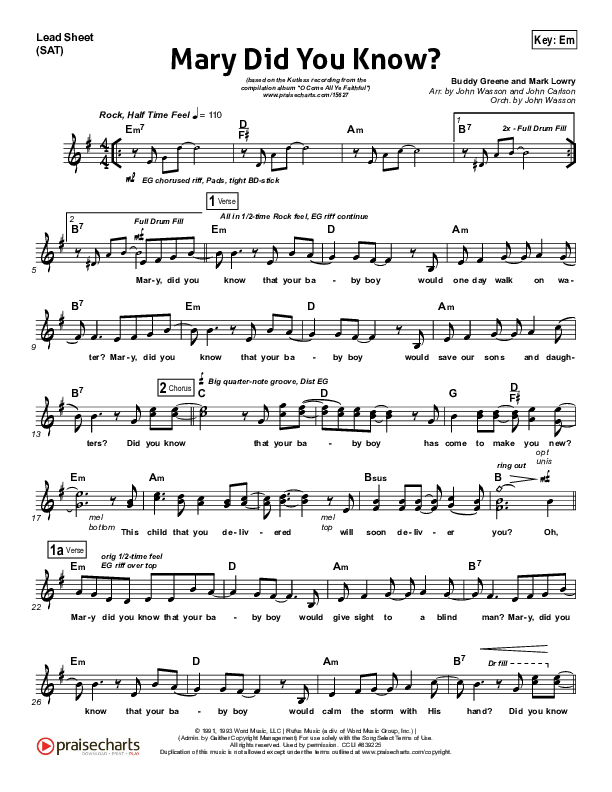 Mary Did You Know Lead Sheet (SAT) (Kutless)