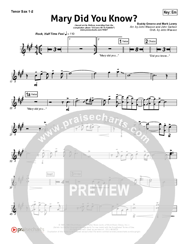 Mary Did You Know Tenor Sax 1/2 (Kutless)