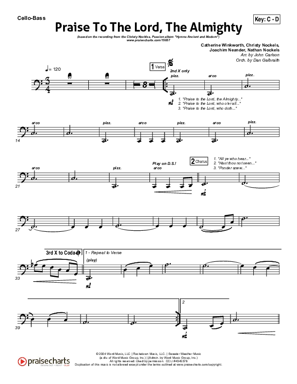 Praise To The Lord The Almighty Cello/Bass (Christy Nockels / Passion)