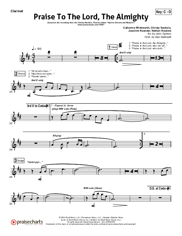 Praise To The Lord The Almighty Clarinet (Christy Nockels / Passion)