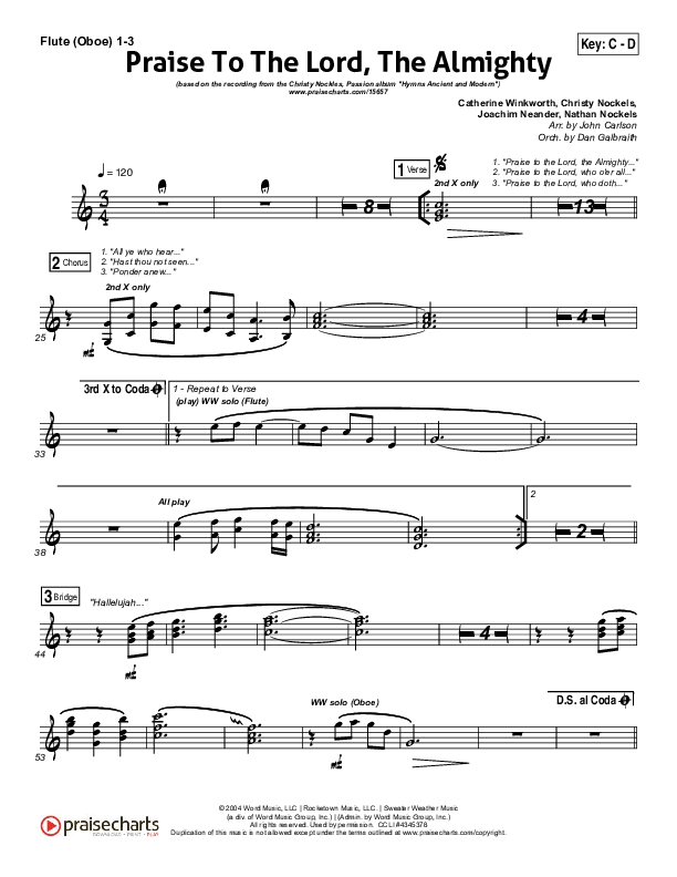 Praise To The Lord The Almighty Flute/Oboe 1/2/3 (Christy Nockels / Passion)