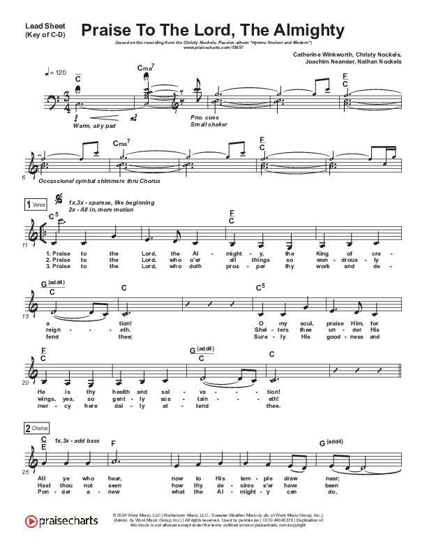 Praise To The Lord The Almighty Lead Sheet (Melody) (Christy Nockels / Passion)