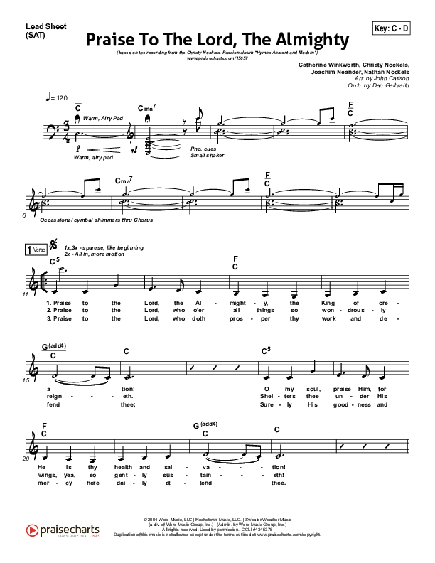 Praise To The Lord The Almighty Lead Sheet (SAT) (Christy Nockels / Passion)