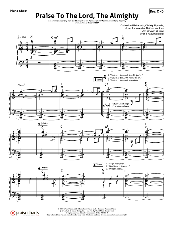 Praise To The Lord The Almighty Piano Sheet (Christy Nockels / Passion)