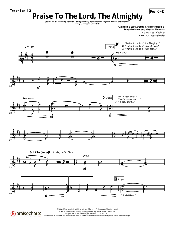 Praise To The Lord The Almighty Tenor Sax 1/2 (Christy Nockels / Passion)