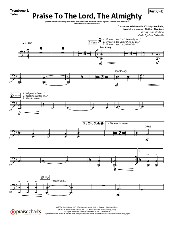 Praise To The Lord The Almighty Trombone 3/Tuba (Christy Nockels / Passion)