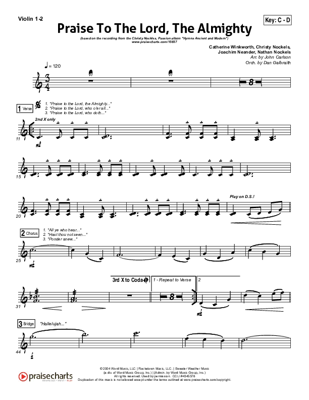 Praise To The Lord The Almighty Violin 1/2 (Christy Nockels / Passion)