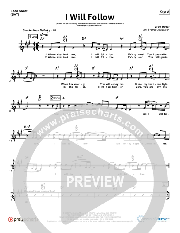 I Will Follow Lead Sheet (Northwood Church)