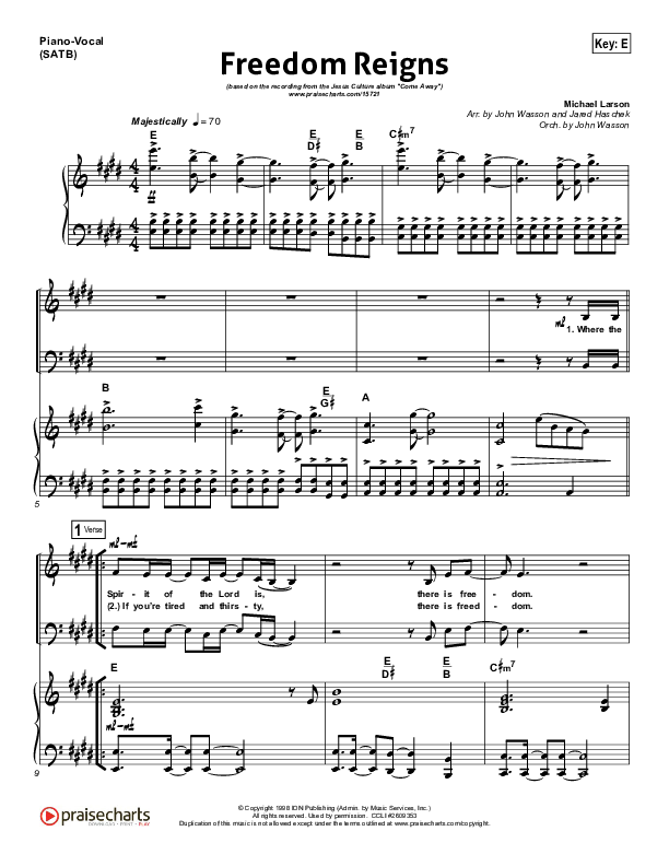 Freedom Reigns Piano/Vocal (Jesus Culture)