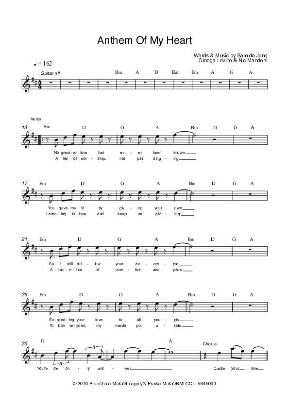 Anthem Of My Heart Lead Sheet (Parachute Band)