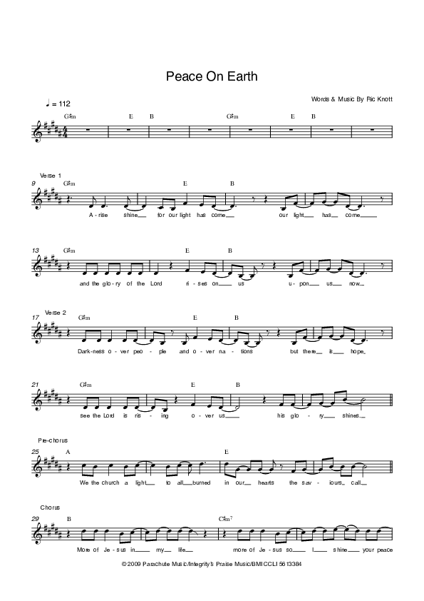 Peace On Earth Lead Sheet (Parachute Band)
