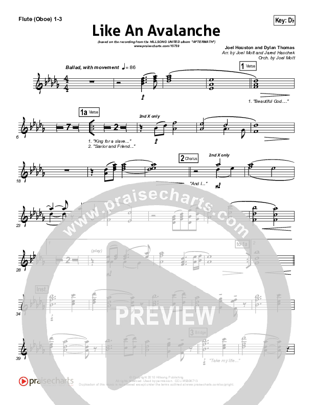Like An Avalanche Flute/Oboe 1/2/3 (Hillsong UNITED)