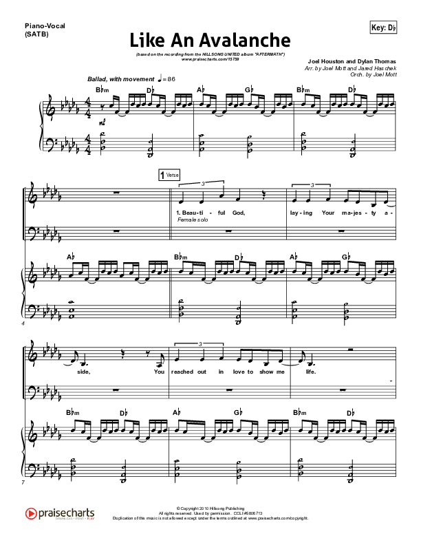 Like An Avalanche Piano/Vocal (SATB) (Hillsong UNITED)