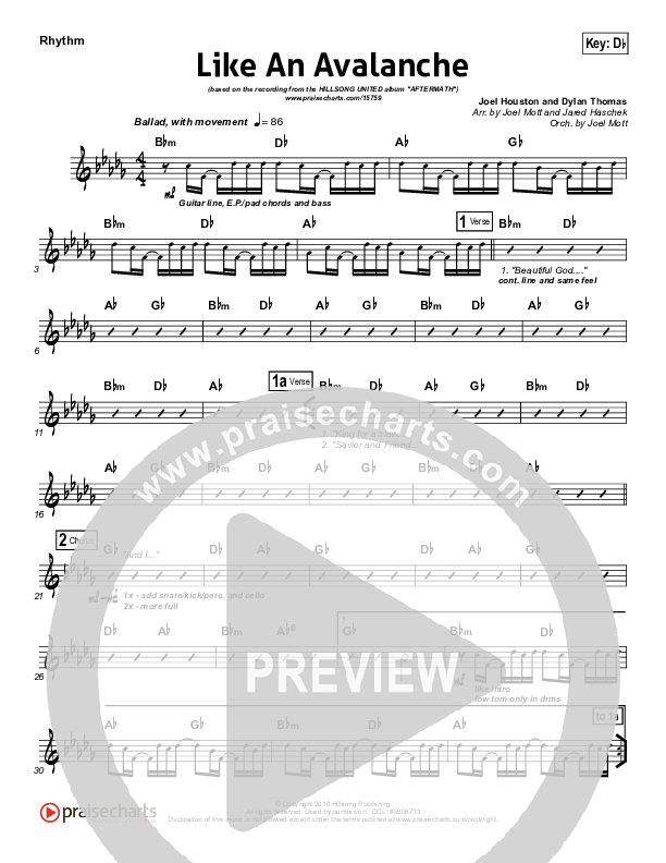 Like An Avalanche Rhythm Chart (Hillsong UNITED)