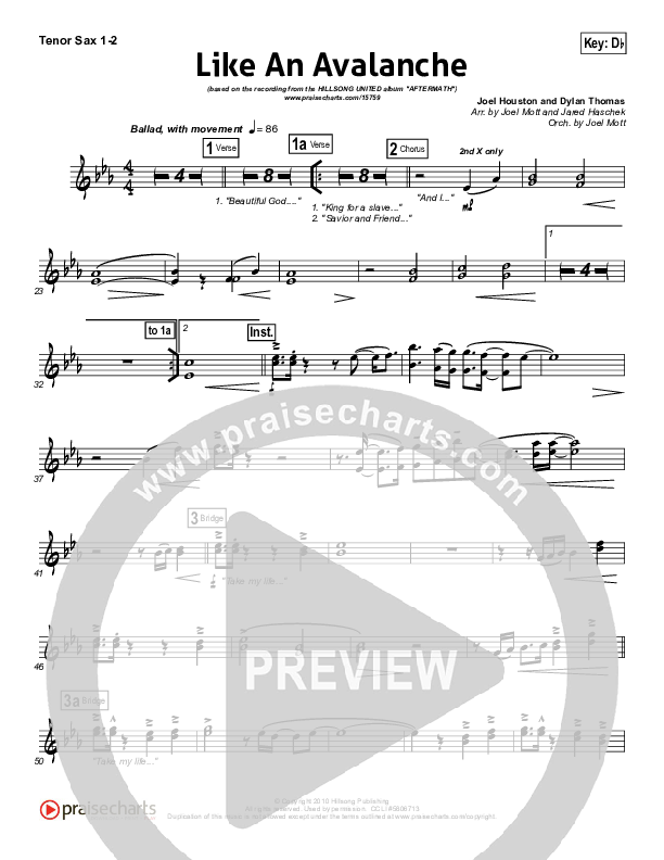 Like An Avalanche Tenor Sax 1/2 (Hillsong UNITED)