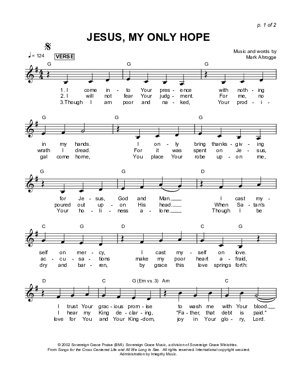Jesus My Only Hope Lead Sheet (Sovereign Grace)