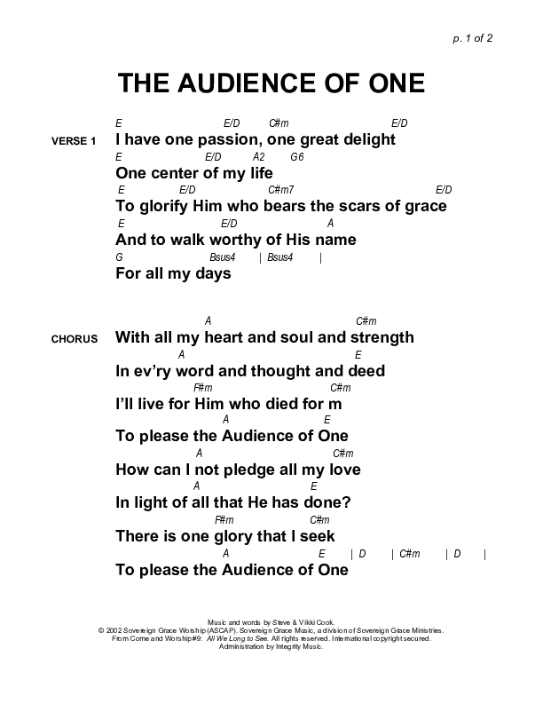 The Audience Of One Chords & Lyrics (Sovereign Grace)