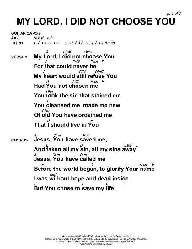 My Lord I Did Not Choose You Chords & Lyrics (Sovereign Grace)