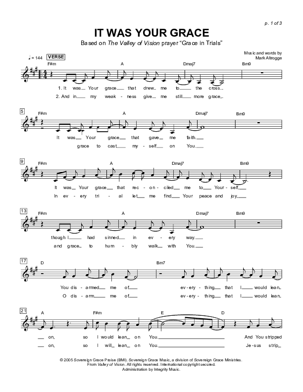 It Was Your Grace Lead Sheet (Sovereign Grace)