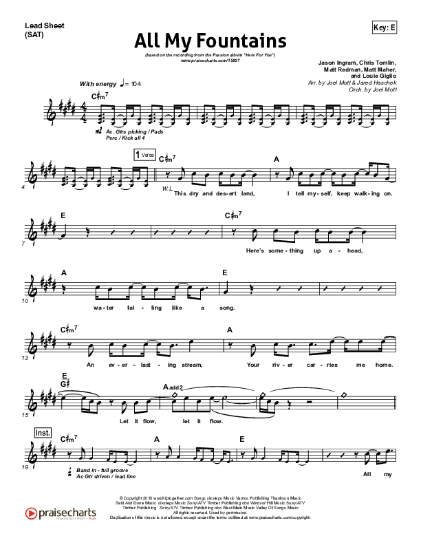 All My Fountains Lead Sheet (Chris Tomlin / Passion)