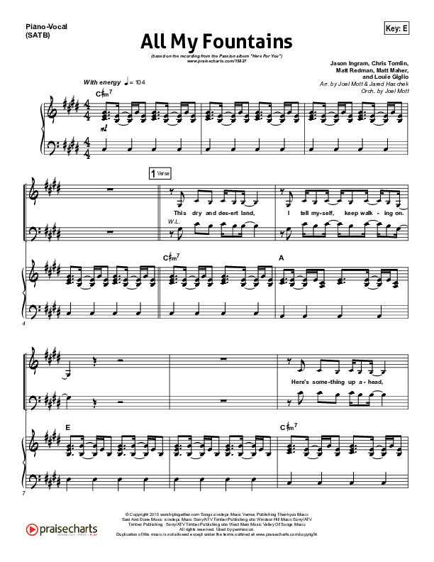 All My Fountains Piano/Vocal (SATB) (Chris Tomlin / Passion)