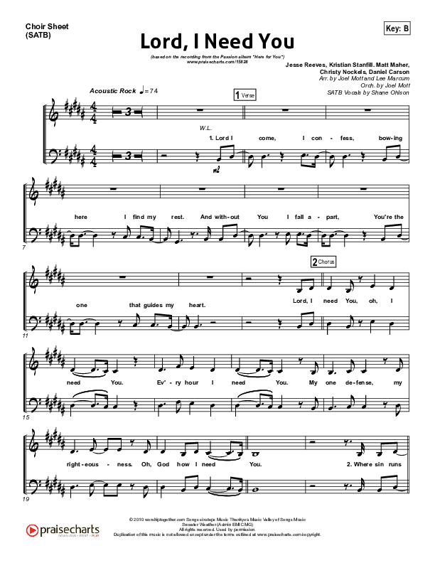 Lord I Need You Choir Sheet (SATB) (Chris Tomlin / Passion)