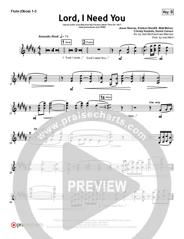 Lord I Need You Flute/Oboe 1/2/3 (Chris Tomlin / Passion)