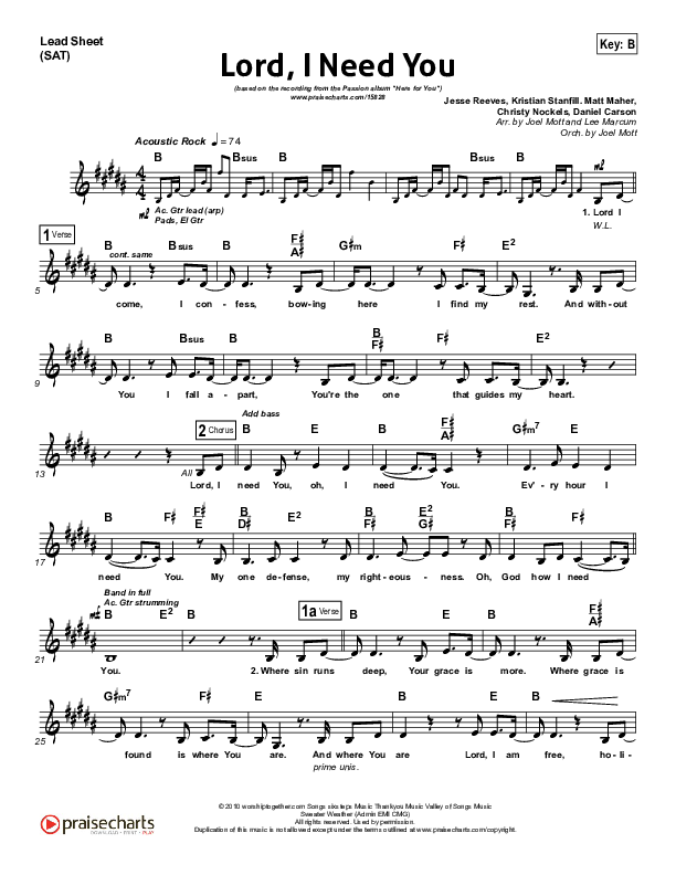 Lord I Need You Lead Sheet (SAT) (Chris Tomlin / Passion)