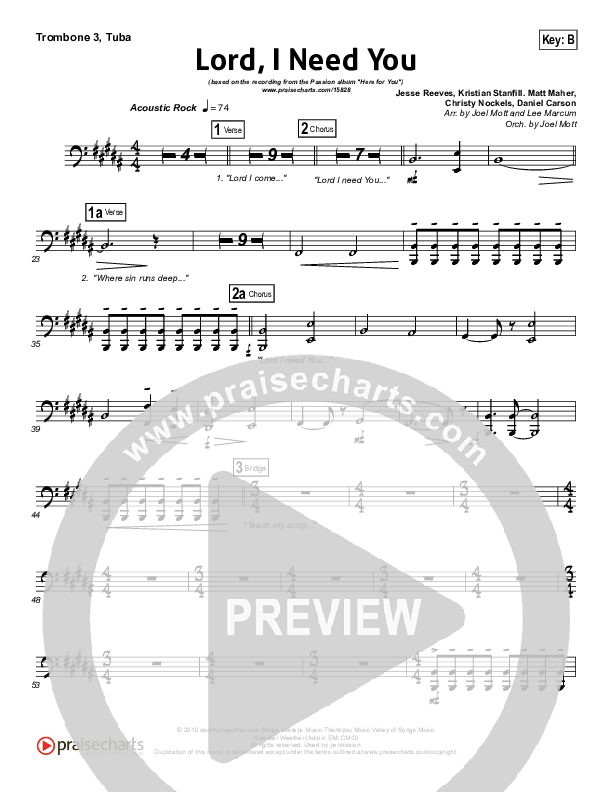 Lord I Need You Trombone 3/Tuba (Chris Tomlin / Passion)