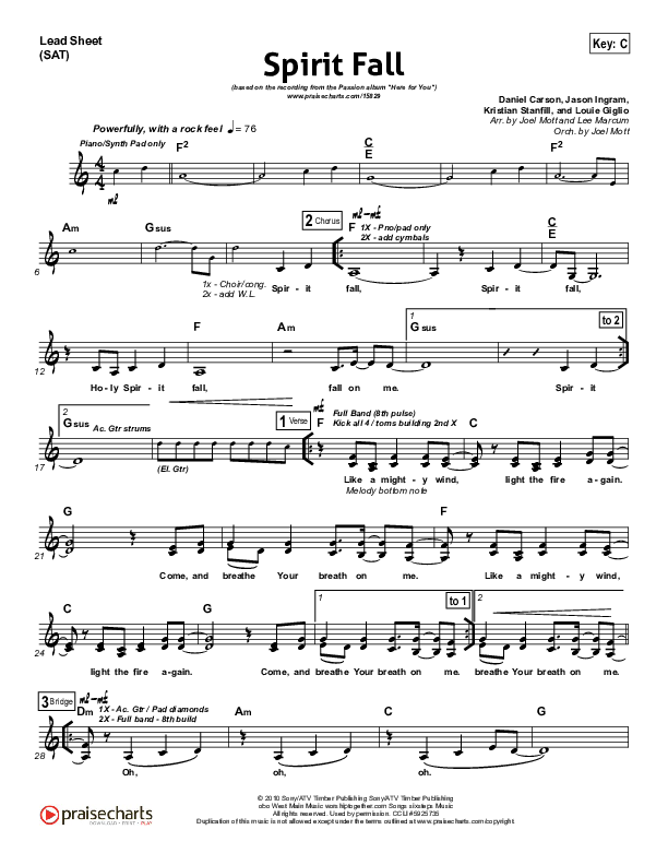Spirit Fall Lead Sheet (Chris Tomlin / Passion)