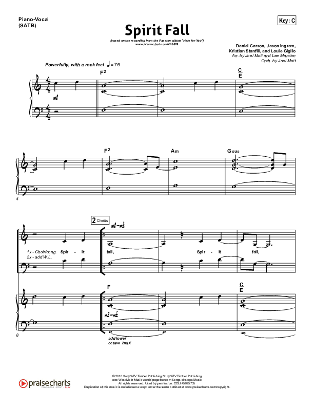 Spirit Fall Piano/Vocal (SATB) (Chris Tomlin / Passion)