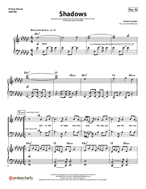Shadows Piano/Vocal (SATB) (David Crowder / Passion)