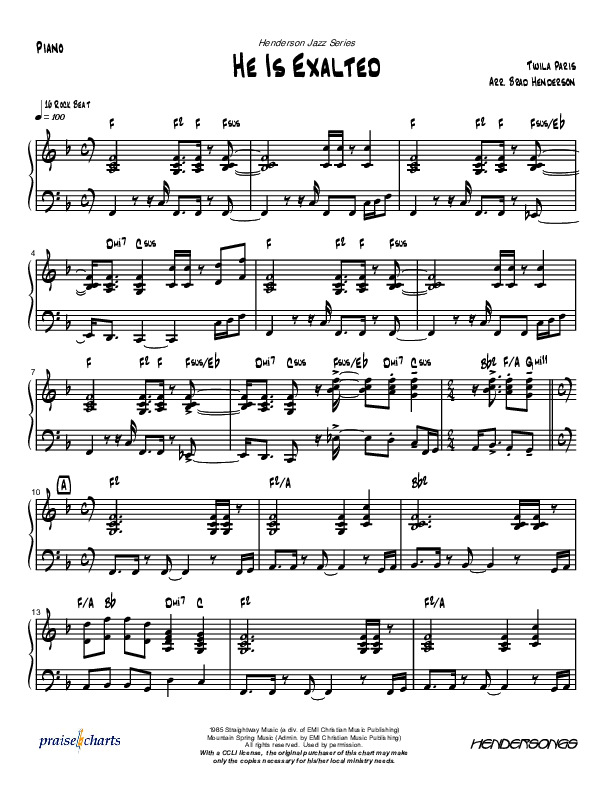 He Is Exalted (Instrumental) Piano Sheet (Brad Henderson)
