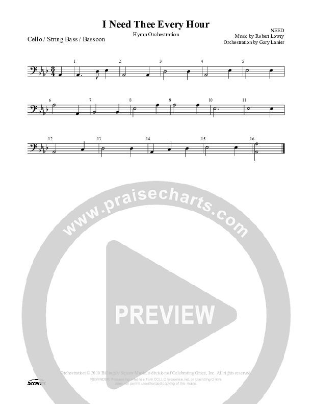 I Need Thee Every Hour Cello/Bass ()