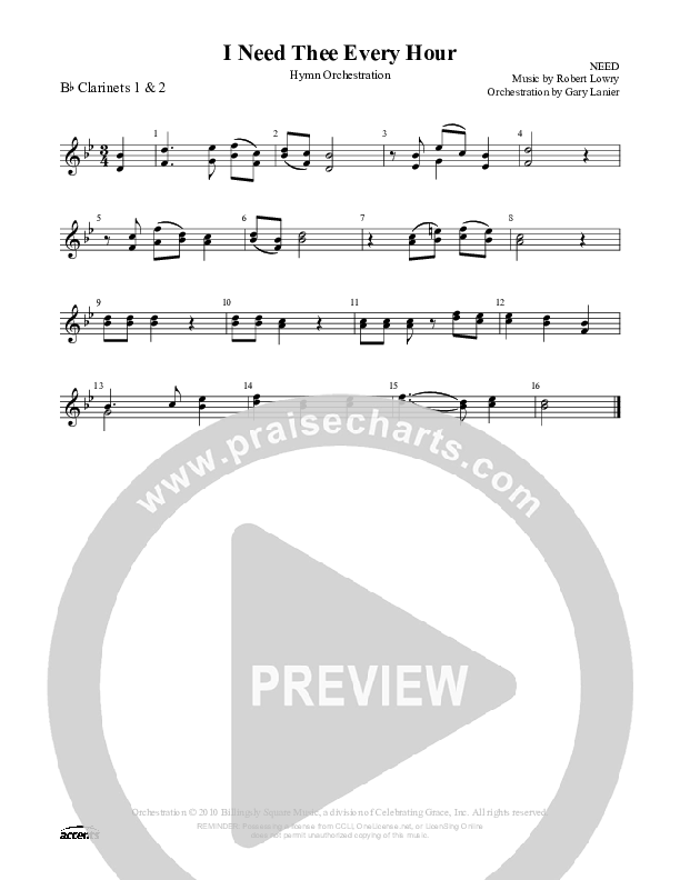 I Need Thee Every Hour Clarinet 1/2 ()