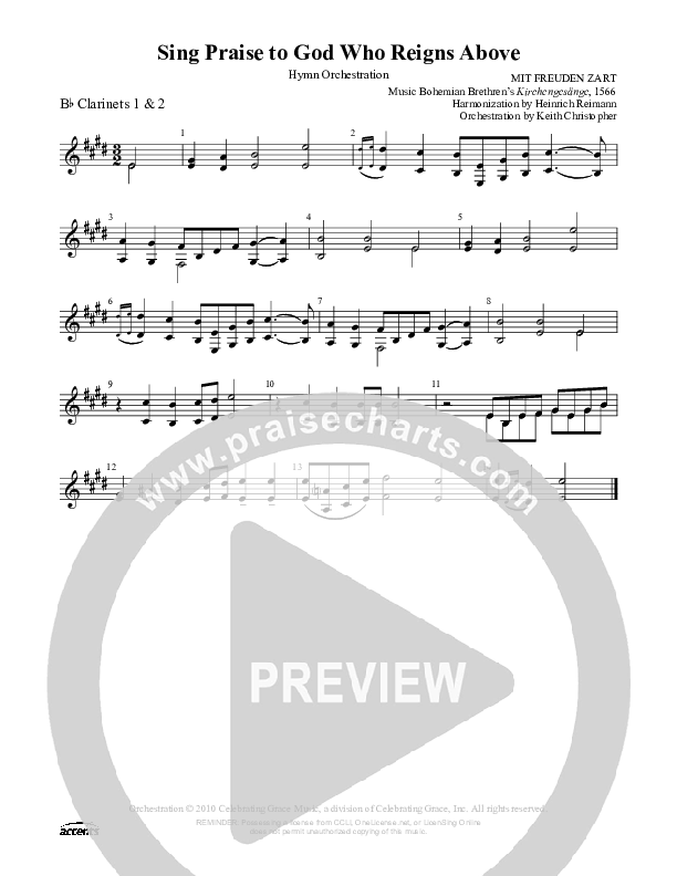 Sing Praise To God Who Reigns Above Clarinet 1/2 ()