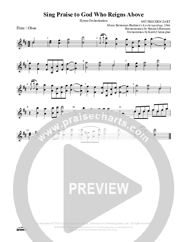 Sing Praise To God Who Reigns Above Flute/Oboe ()