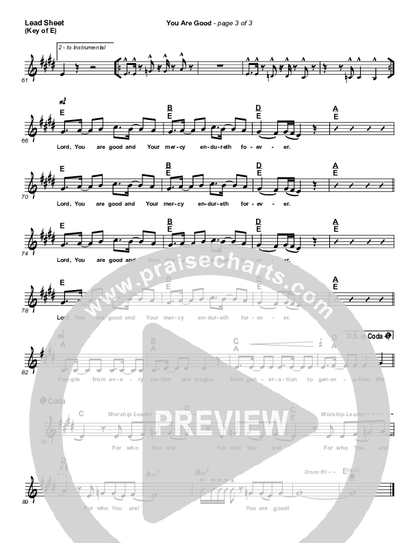 You Are Good Lead Sheet (Melody) (Lakewood Church)