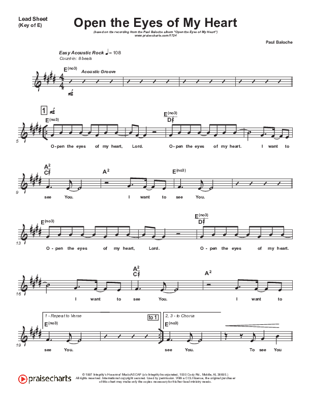Open The Eyes Of My Heart Lead Sheet (Melody) (Paul Baloche)