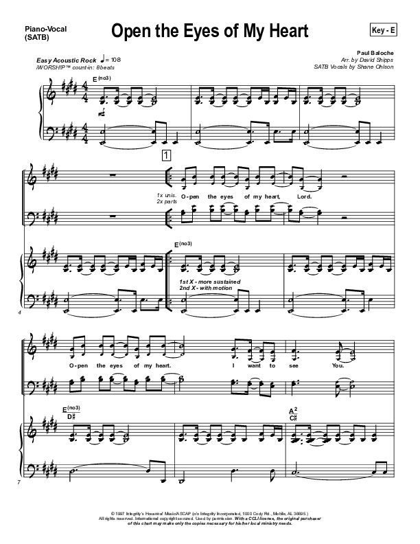 Open The Eyes Of My Heart Piano/Vocal (SATB) (Paul Baloche)