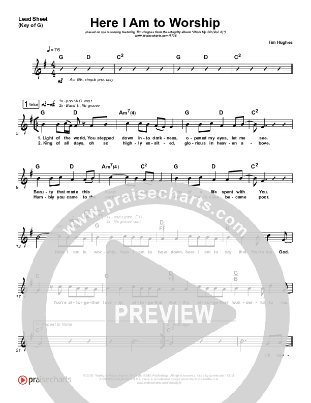 Here I Am To Worship Lead Sheet (Melody) (Jonathan Noel)