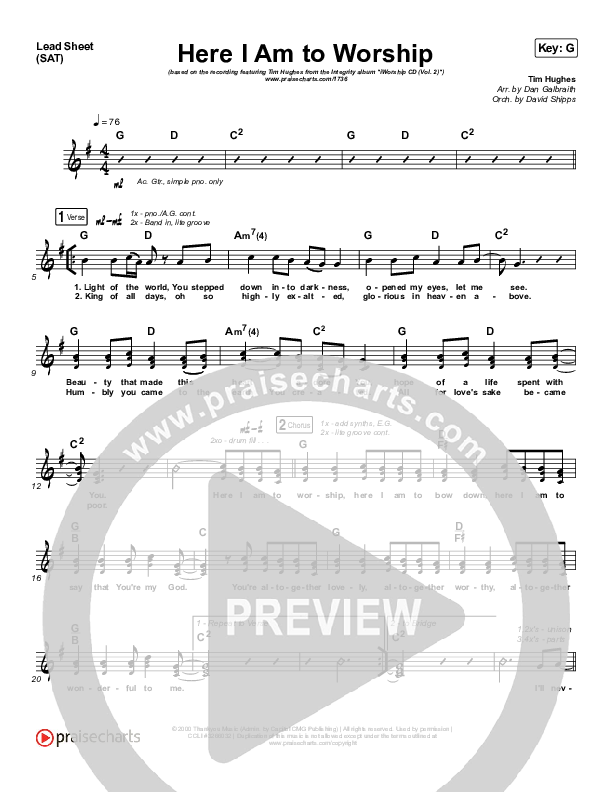 Here I Am To Worship Lead Sheet (SAT) (Jonathan Noel)