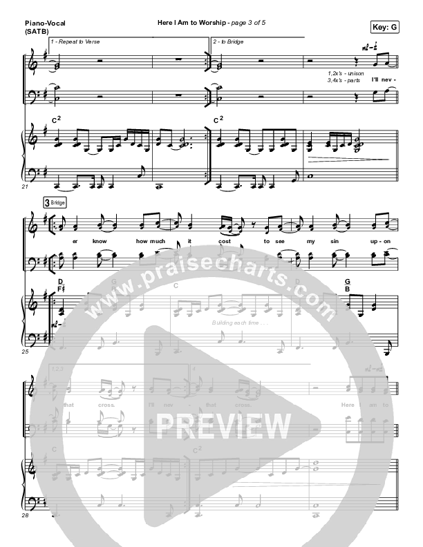 Here I Am To Worship Piano/Vocal (SATB) (Tim Hughes)