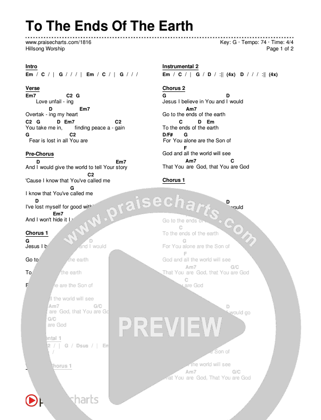To The Ends Of The Earth Chords & Lyrics (Hillsong Worship)